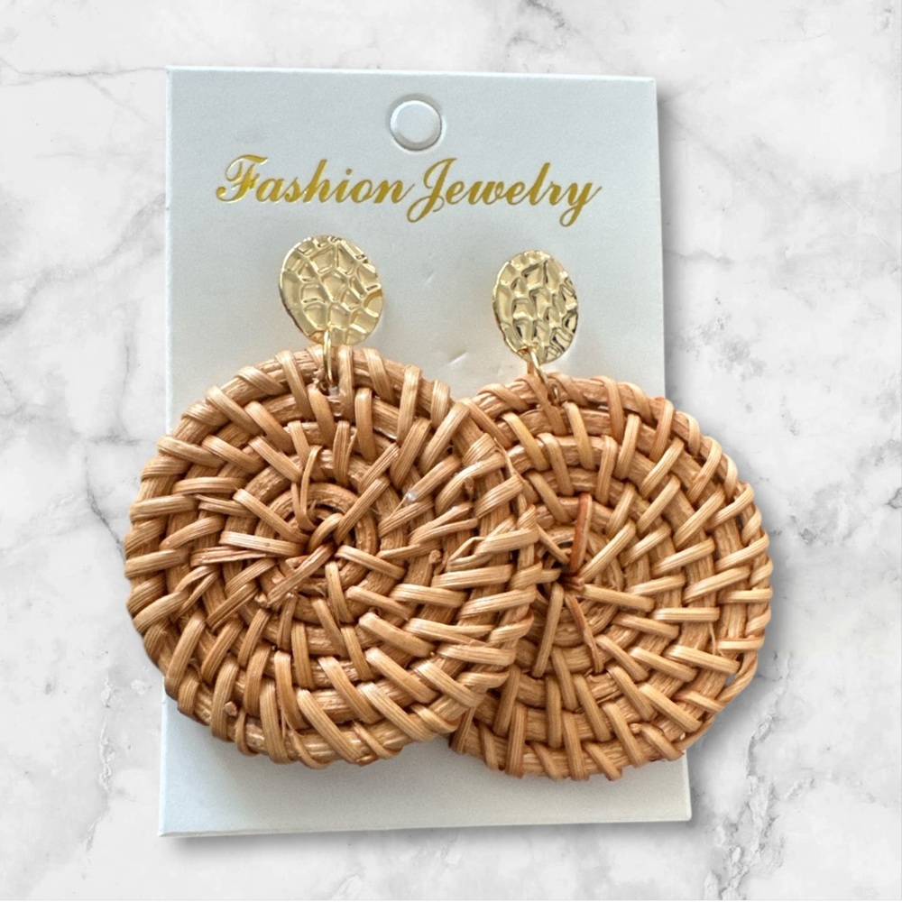 Vintage Art Deco Style Yellow Gold Tone Wicker Round Dangle Stud Earrings NWOT